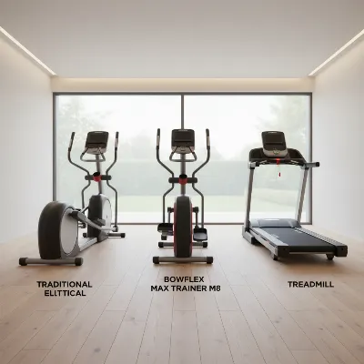 Bowflex Max Trainer M8 positioned next to a traditional elliptical and a treadmill in a modern gym setting, highlighting its unique compact form.