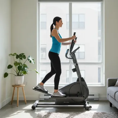 A person enjoying a full-body workout on a compact elliptical trainer in a modern apartment living room, featuring natural light and minimal clutter.