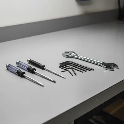 Essential tools for replacing an elliptical drive belt laid out on a workbench