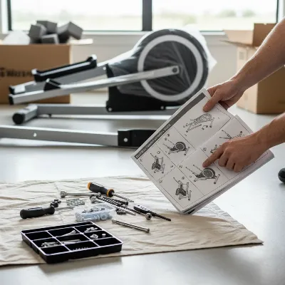 A person preparing tools and reading an instruction manual before assembling an elliptical trainer at home