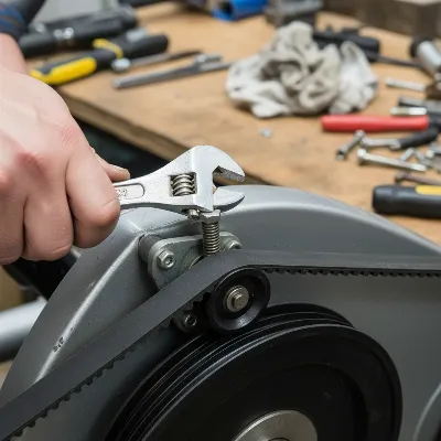 A person adjusting the tensioner mechanism on an elliptical drive belt
