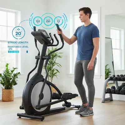 A person evaluating an elliptical machine, considering various buying factors like stride length and display