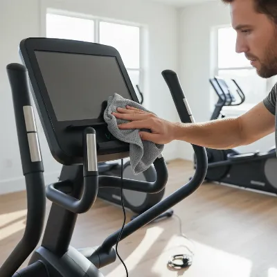 Person cleaning an elliptical machine console with a microfiber cloth.