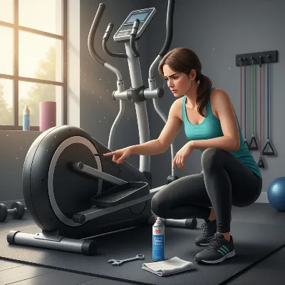 Person inspecting an elliptical trainer for squeaks and rough glide