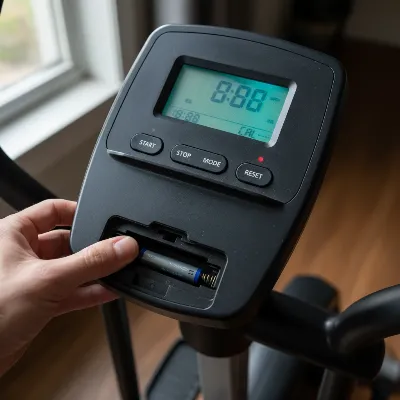 A close-up of an elliptical trainer's console, with a hand checking the battery compartment. The console screen is partially lit or flickering, indicating a power issue. Realistic style, good lighting.