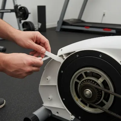 Hands carefully removing the side cover of an elliptical to access internal components