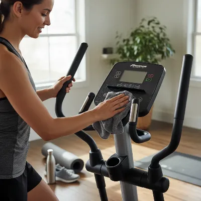 Person wiping down elliptical console with a cloth after a workout, focusing on cleanliness and hygiene