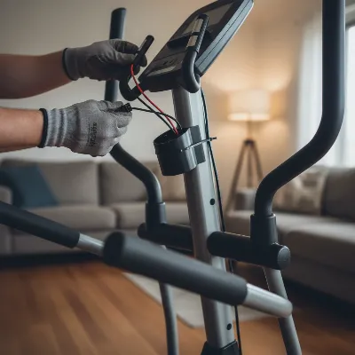 Close-up of hands connecting handlebars and wires on an elliptical trainer during assembly at home