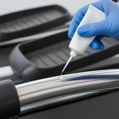 Person applying silicone lubricant to an elliptical machine rail.