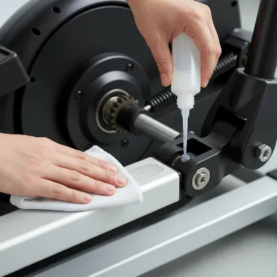 Hands cleaning and lubricating parts of an elliptical trainer for maintenance.