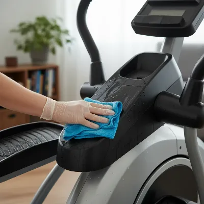 A person performing routine maintenance on an elliptical trainer, wiping down the console and tracks.