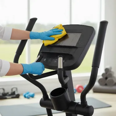 Person cleaning and performing maintenance on an elliptical trainer in a home gym setting.