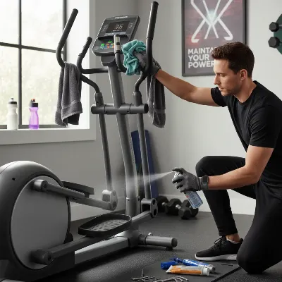 A person cleaning and lubricating an elliptical trainer. Focus on maintaining components like joints and console. Bright, home gym setting, practical and helpful. Realistic style.