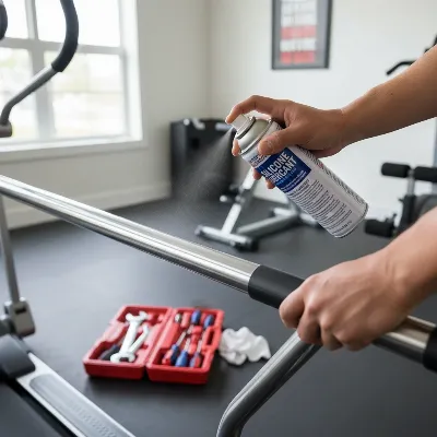 Person lubricating an elliptical rail with maintenance tools