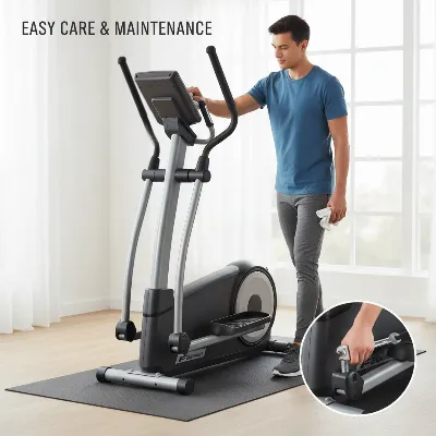 A person performing light maintenance on an elliptical trainer in a home gym setting