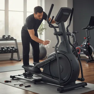 A person cleaning and inspecting a heavy-duty elliptical trainer in a well-organized home gym.