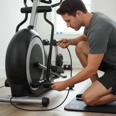 A person inspecting the power cord and connections at the back of an elliptical trainer, ensuring they are secure. Focused on safety and basic checks. Realistic, well-lit scene.