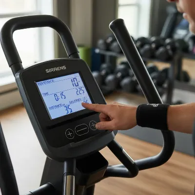 Person checking elliptical resistance adjustment on console