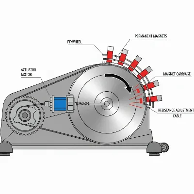 Detailed diagram of an elliptical trainer's magnetic resistance system with flywheel and magnets