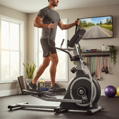 A person smoothly exercising on a fixed elliptical trainer after a DIY repair.