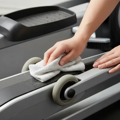 Hands cleaning elliptical tracks and rollers with a cloth