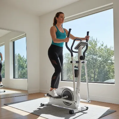 A person enjoying a low-impact workout on a compact budget elliptical trainer in a bright home gym setting