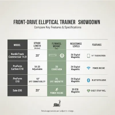A clear, easy-to-read comparison chart highlighting features of several front-drive elliptical trainers for home use