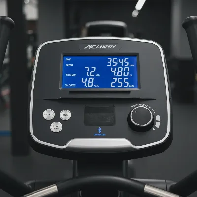 A detailed close-up shot of an elliptical trainer's digital display and control panel, highlighting resistance settings, workout programs, and connectivity options.