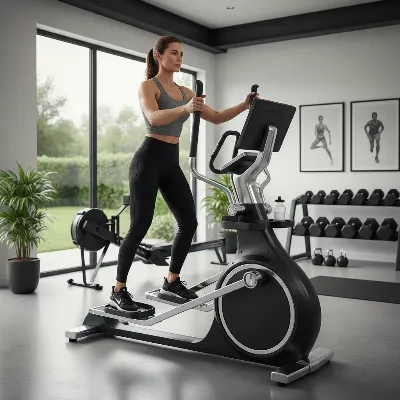 A person exercising on an elliptical trainer in a modern home gym, showcasing the low-impact, full-body workout benefits. Realistic, bright lighting.