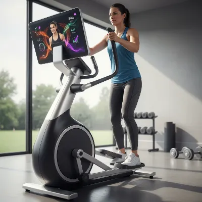 A person exercising on a modern elliptical trainer with a large, interactive screen displaying workout metrics and a virtual trainer.