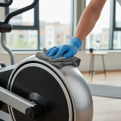 Close-up of a person wiping down the flywheel of an elliptical trainer with a cloth, emphasizing regular cleaning for longevity.