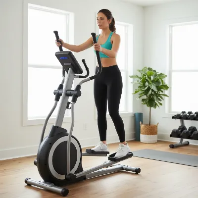 Person exercising on a modern elliptical trainer in a home gym