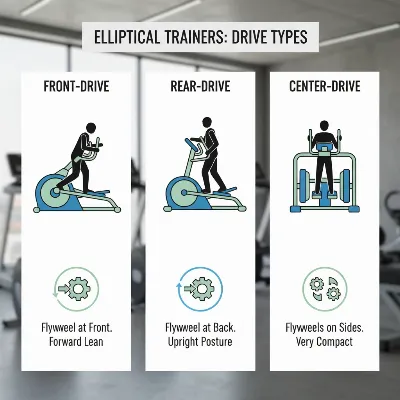 Different types of elliptical cross trainers showing front, rear, and center drive mechanisms