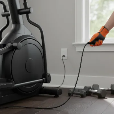 A person unplugging an elliptical trainer from a wall socket before maintenance.