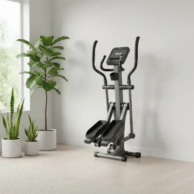 A sleek, modern folding elliptical trainer in a compact home gym setting, with natural light and minimalist decor