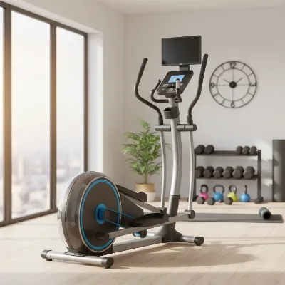 A sleek, modern front-drive elliptical trainer in a bright, minimalist home gym setting with natural light