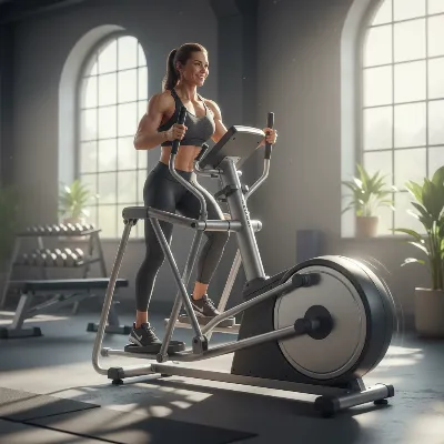 A large adult confidently using a heavy-duty elliptical trainer in a modern home gym setting