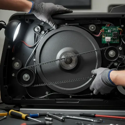 A new drive belt being carefully routed around the pulleys and flywheel of an elliptical