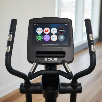 Close-up of the Sole E35 elliptical's 10.1-inch HD touchscreen display with preloaded apps and control buttons