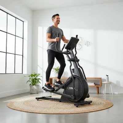 A person using a Sunny Health & Fitness magnetic elliptical trainer in a home gym.