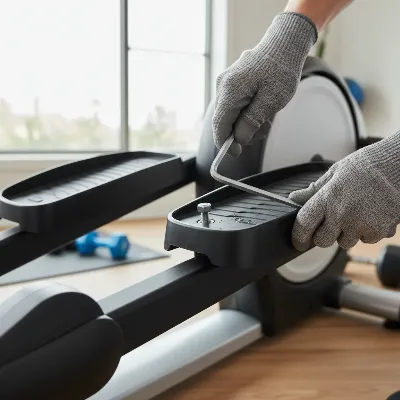 Person tightening bolts on an elliptical trainer with a wrench.